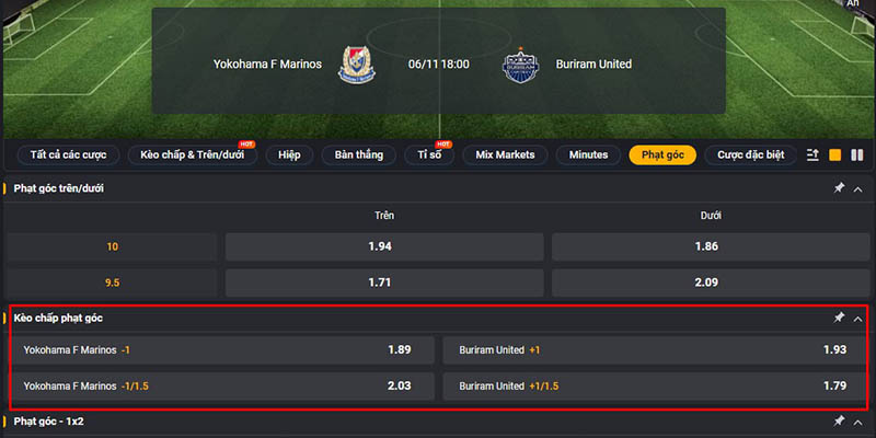 Mức chấp của kèo phạt góc handicap sẽ thay đổi liên tục trong trận